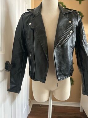 Guess Black Faux Leather Moto Jacket with Silver Hardware